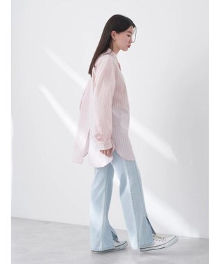 earth music&ecology バンドカラーストライプシャツ Salmon Pink