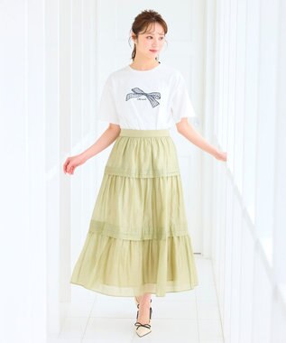 Feroux 【洗える】リボン刺繍 Tシャツ ホワイト系