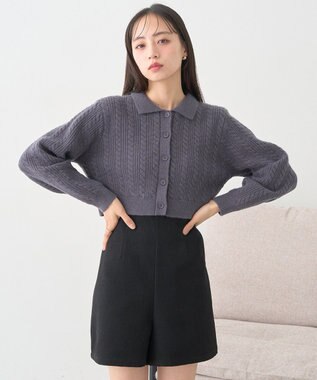 earth music&ecology 襟付きケーブルニットジャケット Charcoal Gray