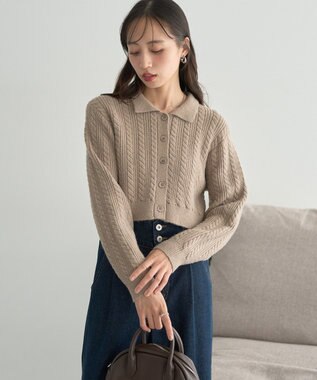 earth music&ecology 襟付きケーブルニットジャケット Mocha