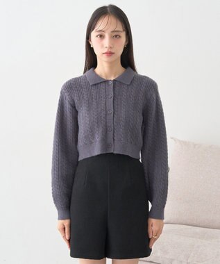 earth music&ecology 襟付きケーブルニットジャケット Charcoal Gray