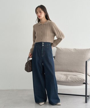 earth music&ecology 襟付きケーブルニットジャケット Mocha