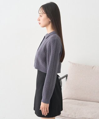 earth music&ecology 襟付きケーブルニットジャケット Charcoal Gray