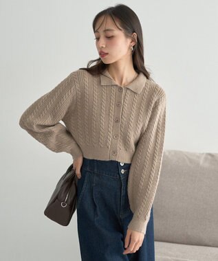 earth music&ecology 襟付きケーブルニットジャケット Mocha