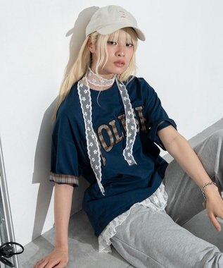 WEGO 【ユニセックス着用ITEM】チェックディテールロゴT（SS） ネイビー
