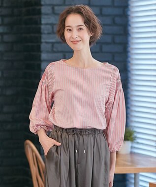 自由区 【XSサイズ～/洗える】ストレッチシャーティング ブラウス ピンク系1