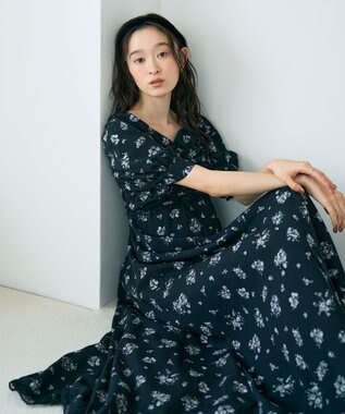 earth music&ecology レース切替フラワーロングワンピース Black