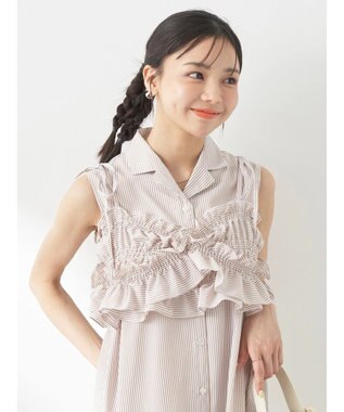 earth music&ecology ＳＥＴ２点シャーリングビスチェ×シャツワンピース Stripe Beige