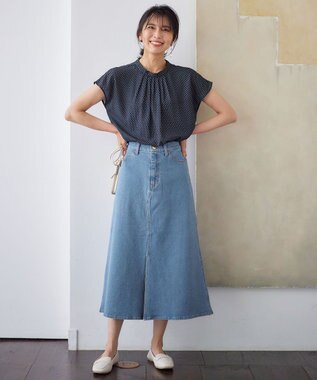 ANY 【洗濯機可能/ストレッチ】フロントスリットデニムスカート ライトインディゴ