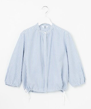 J.PRESS LADIES 【洗える・接触冷感・吸水速乾】麻STRIPE バンドカラー シャツ ブラウス サックスストライプ系