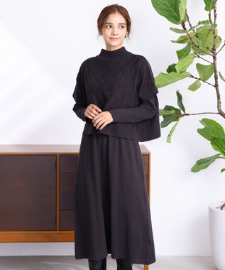Tiaclasse 【2点セット】ケーブルトップス＆ニットワンピースセット チャコール