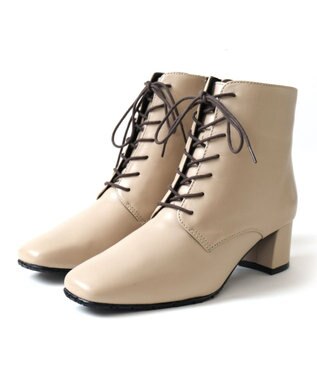 Pointer 内側ファスナー 本革レースアップショートブーツ ベージュ