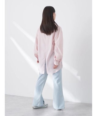 earth music&ecology バンドカラーストライプシャツ Salmon Pink