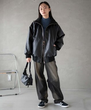 WEGO ヴィンテージライクFレザーRVブルゾン ブラック