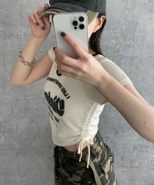 WEGO 配色サイドギャザーVネックT オフホワイト