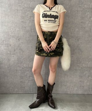 WEGO 配色サイドギャザーVネックT オフホワイト