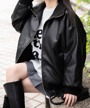 WEGO ヴィンテージライクFレザーRVブルゾン ブラック