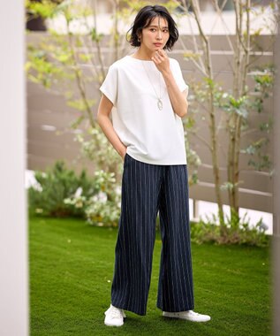 ANY 【ウエストゴム】リネンレーヨンワイドパンツ ネイビーストライプ