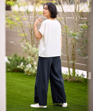 ANY 【ウエストゴム】リネンレーヨンワイドパンツ ネイビーストライプ