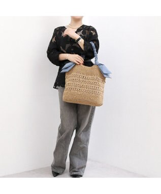 UNBILLION カシュカシュ cachecache / 下がりリボン柄編みトート カゴバッグ ブルー