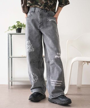 WEGO 刺繍ロゴバレルレッグパンツ デニムブラック