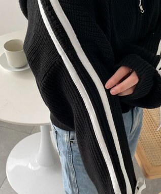 WEGO ラインリボンダブルジップニットパーカー ブラック