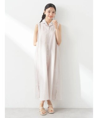 earth music&ecology ＳＥＴ２点シャーリングビスチェ×シャツワンピース Stripe Beige