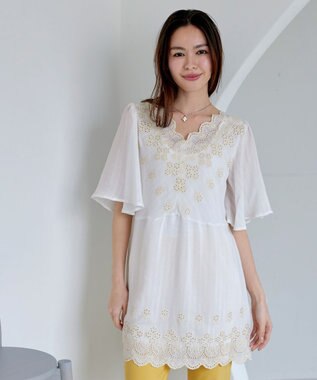 【洗える】スカラップレースチュニックブラウス