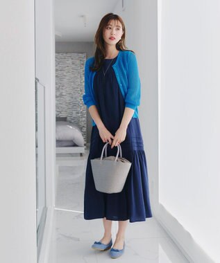 Tiaclasse L 【新色追加・洗える】パフスリーブ透かし編みニットカーディガン ブルー