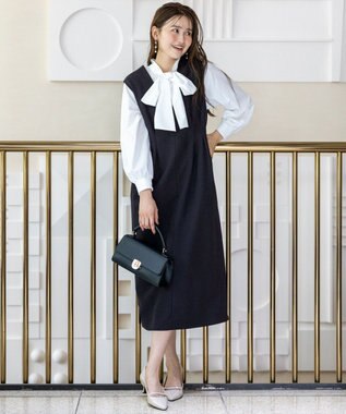 ANY SIS L 【優木まおみさんコラボ】秒映えセレモニー ブラウス × ジャンパースカート オフ×ネイビー