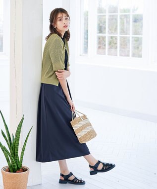 Tiaclasse L 【新色追加・洗える】パフスリーブ透かし編みニットカーディガン ライトグリーン