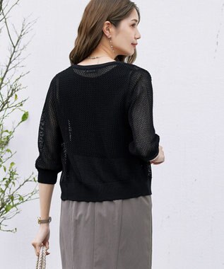Tiaclasse L 【新色追加・洗える】パフスリーブ透かし編みニットカーディガン ブラック