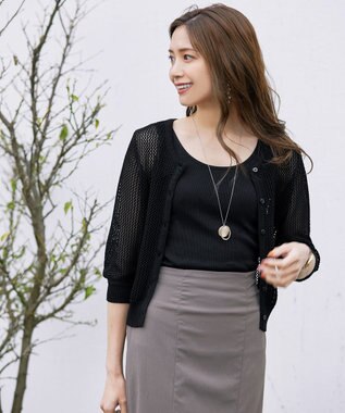 Tiaclasse L 【新色追加・洗える】パフスリーブ透かし編みニットカーディガン ブラック