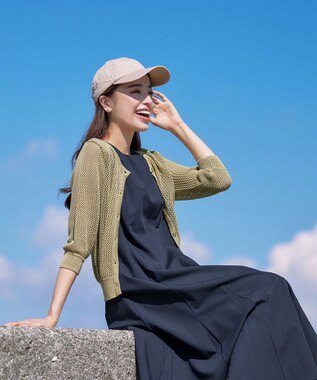 Tiaclasse L 【新色追加・洗える】パフスリーブ透かし編みニットカーディガン ライトグリーン