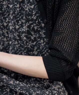 Tiaclasse L 【新色追加・洗える】パフスリーブ透かし編みニットカーディガン ブラック