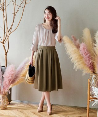 Tiaclasse 【洗える】体型カバーも叶う麻調フレアタックスカート カーキ