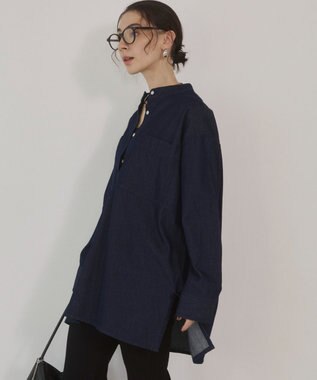 WEGO 【ANGIE VINTAGE】襟が選べる デニム チュニック シャツ （バンドカラー/レギュラーカラー） ネイビー