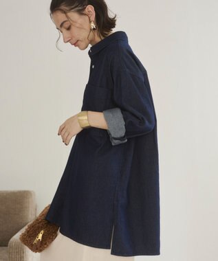WEGO 【ANGIE VINTAGE】襟が選べる デニム チュニック シャツ （バンドカラー/レギュラーカラー） ネイビー