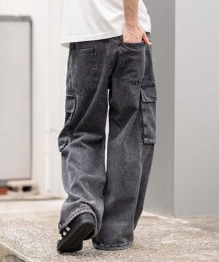 WEGO ローライズバギーフレアデニムカーゴパンツ デニムブラック