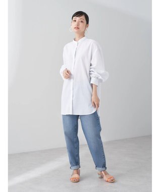 earth music&ecology バンドカラーストライプシャツ Light Gray