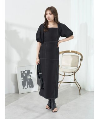 earth music&ecology 配色ステッチパフスリーブワンピース Black