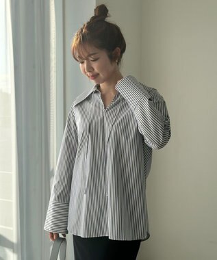 UNFILO スキッパーロングシャツ ネイビーストライプ