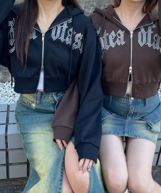 WEGO 【裏起毛】ラインストーン裏起毛ショートジップパーカー ブラウン