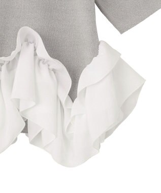 YECCA VECCA パール釦ラッフル5分袖カーディガン Gray mixture
