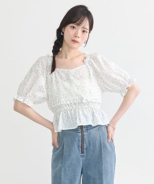 earth music&ecology フラワー刺繍フリルヘムブラウス Off White