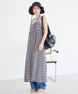 earth music&ecology シャーリングラメチェックキャミワンピース Navy