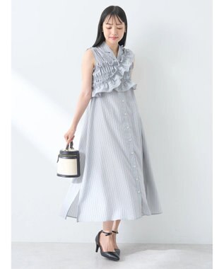 earth music&ecology ＳＥＴ２点シャーリングビスチェ×シャツワンピース Stripe Light Gray
