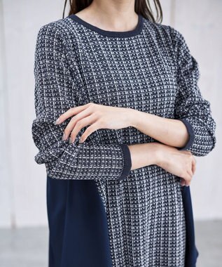 Tiaclasse 【洗える】ツイード2段フレアチュニックブラウス ネイビー