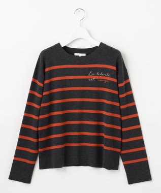 自由区 S 【洗える】コットンウールハイゲージボーダー ニット チャコール×オレンジ