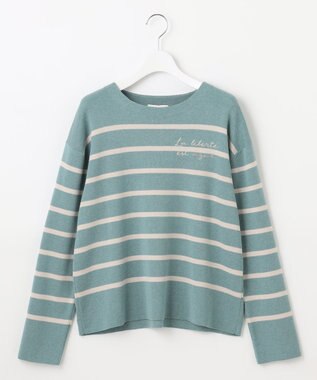 自由区 S 【洗える】コットンウールハイゲージボーダー ニット ブルーグレー×ベージュ